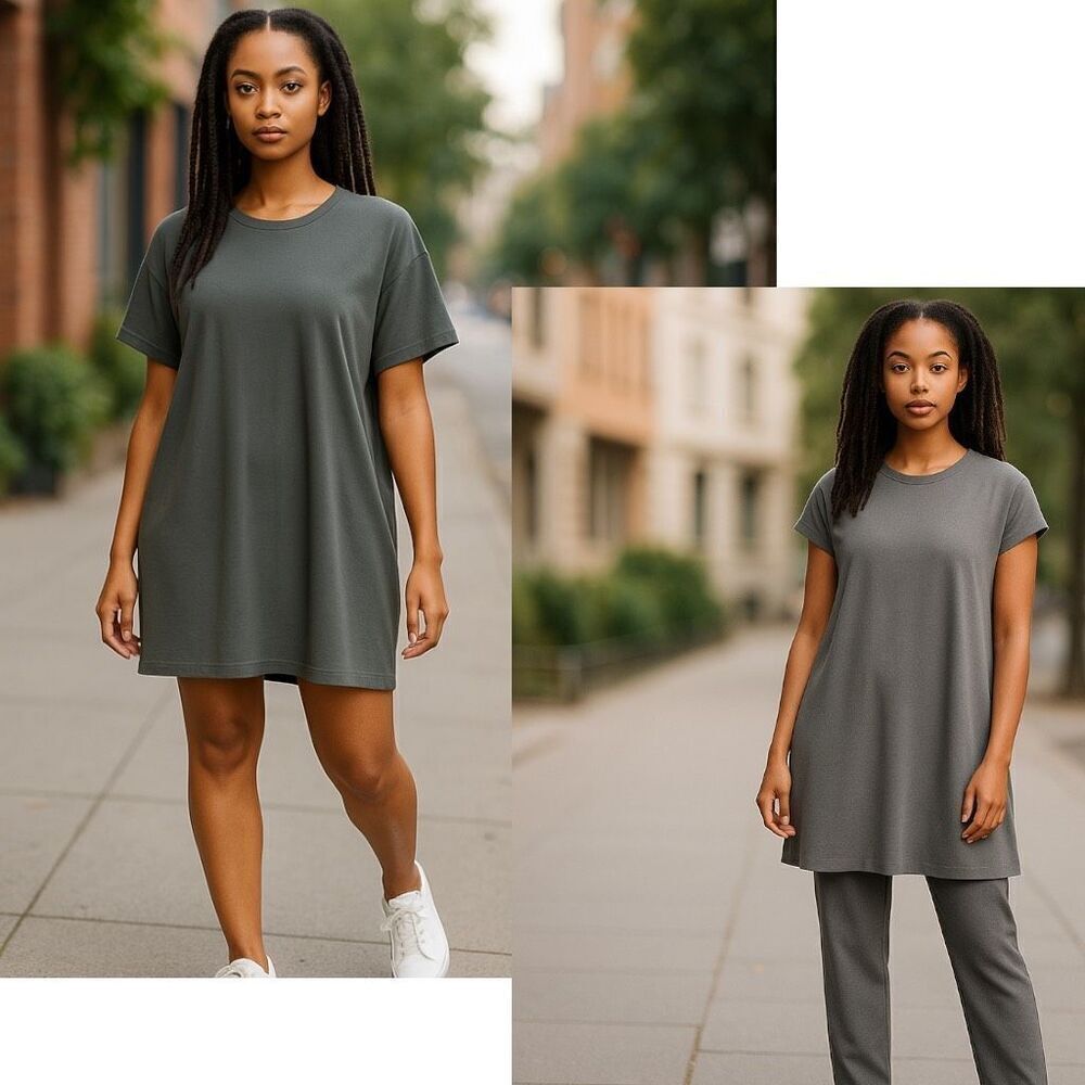 Eileen Fisher $178 Crew Neck Boxy T-Shirt Dress Slate Gray Size M Medium Minimal